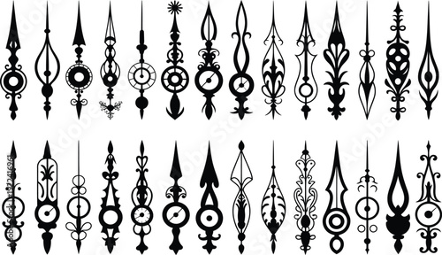 Vintage ornate clock hands vector set, decorative antique watch pointers collection, black silhouette design elements isolated on white background