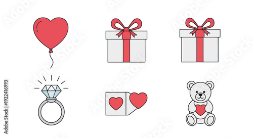 Valentine's Day Icons: Heart Balloon, Gift Boxes, Ring, Teddy Bear, Hearts