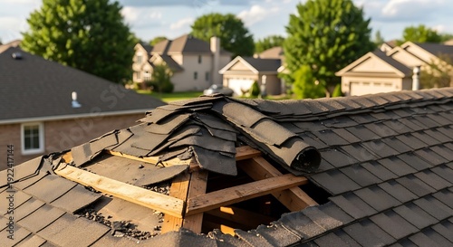 Damaged roof with missing and broken shingles exposing wooden structure in residential area