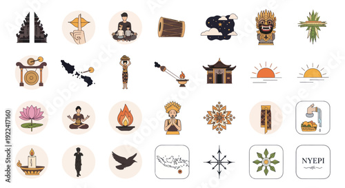 Balinese Culture Icons: Nyepi, Temples, Yoga, Meditation, Sunrise, Dance, Nature