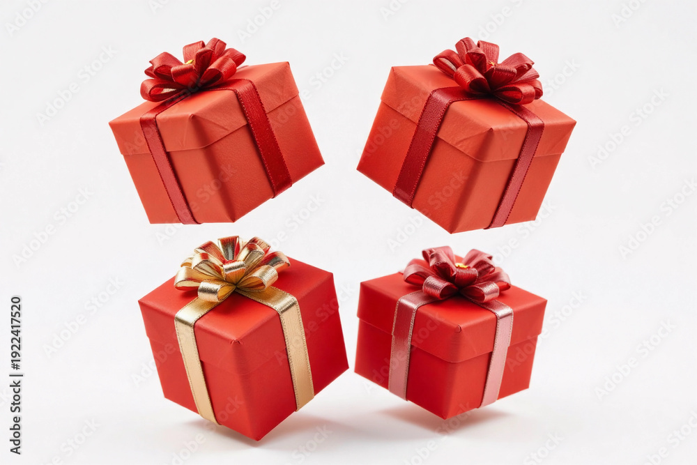Obraz premium Four red gift boxes with bows levitating on white background.