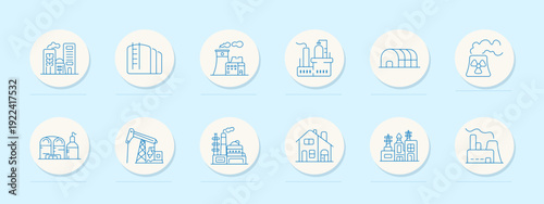 Industrial factory energy set icon. Blue outline badges, office, silo tank, power plant, refinery tower, warehouse, nuclear sign, oil tanks, pumpjack, chemical plant, house factory, cooling towers