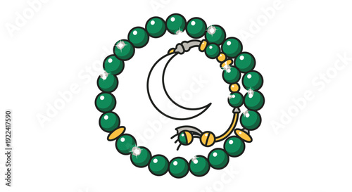 An illustration of a green beaded bracelet with a crescent moon charm and tassel, viewed from directly above on a white background