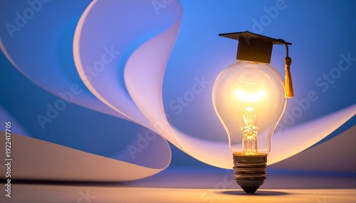Glowing Light Bulb with Graduation Cap Against Abstract Blue Background Representing Education Knowledge Enlightenment Academic Achievement and Creative Learning Concept