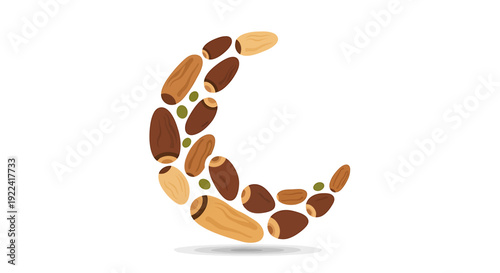 Assorted coffee beans arranged in a crescent moon shape on a neutral background