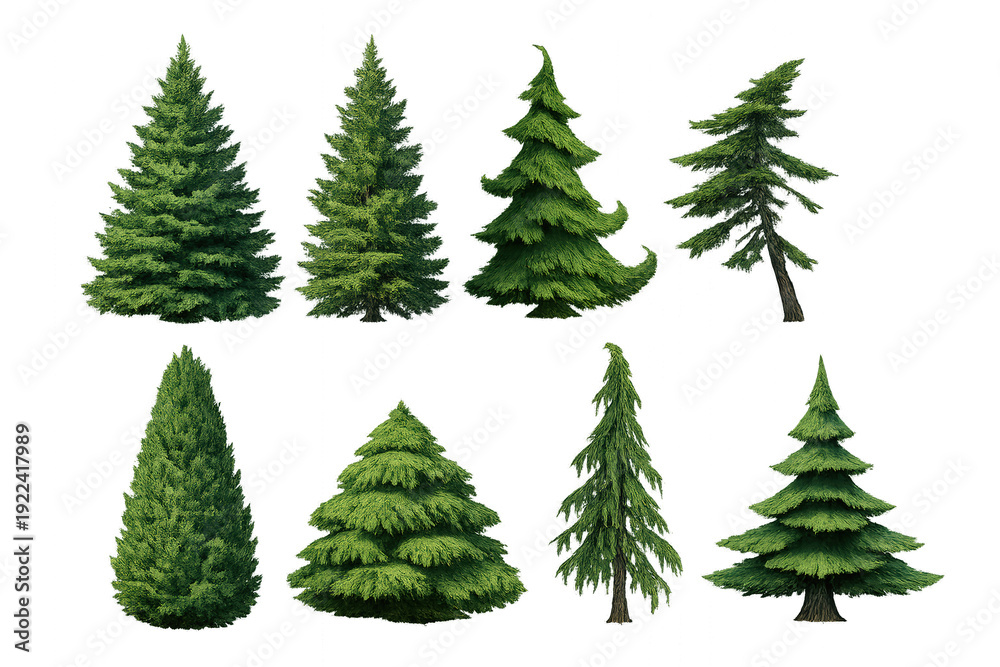 Obraz premium Different green evergreen trees set showing fir, spruce, and pine plants with transparent background
