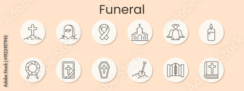 Funeral set icon. Cross grave, tombstone RIP, mourning ribbon, church, angel, candle, wreath, memorial photo, coffin, shovel, open gates, headstone, burial, remembrance