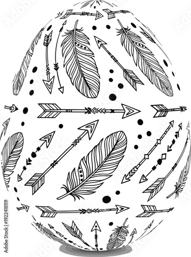 White easter egg with black arrow and feather pattern design