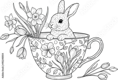 Adorable bunny sitting in a beautiful floral teacup with flowers