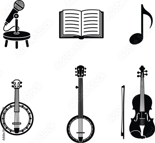 Collection Of Music And Performance Icons On White Background Keywords: music, performance, icons, microphone, stand, book, open