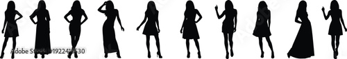 Collection of ten female fashion silhouettes in elegant dresses and poses woman girl