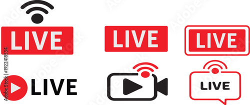 Collection of red live streaming icons with wifi and play symbols