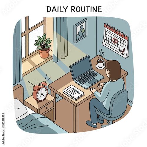 Woman working on laptop at desk in bedroom with daily routine calendar.