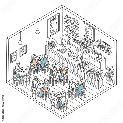 Isometric illustration of a bustling coffee shop interior with customers and staff.