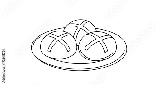Simple line drawing of three bread rolls on a plate