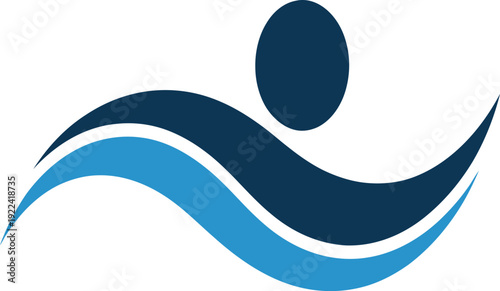 Abstract swimming athlete vector logo design, minimalist blue swimmer silhouette with water waves for aquatic sports, fitness, and professional coaching.