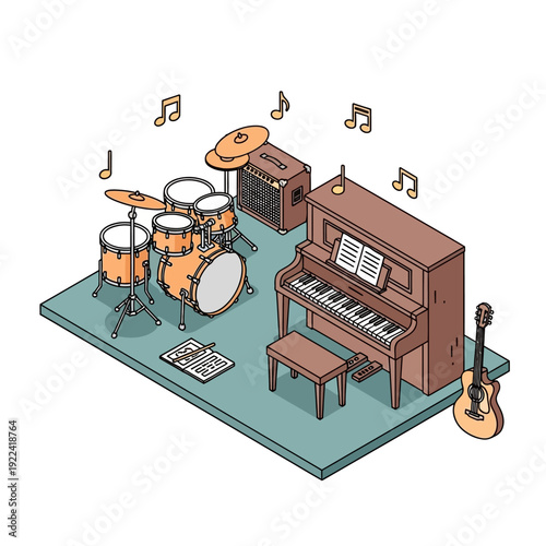 Isometric illustration of musical instruments on a stage with notes.