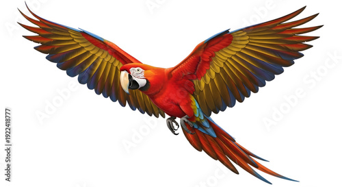 Scarlet Macaw in Flight – 2D/3D Illustration with Red, Yellow, and Blue On White