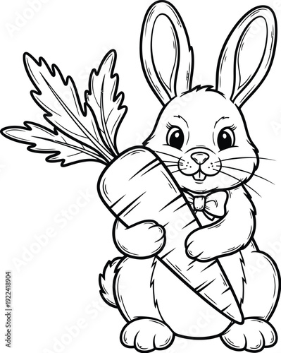 Adorable cartoon rabbit holding a fresh large green leafy carrot tightly