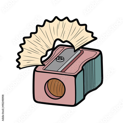 Pink pencil sharpener with shavings blue brown cartoon