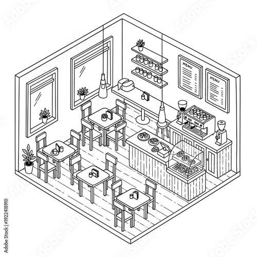 Isometric illustration of a modern minimalist cafe interior with tables and kitchen.