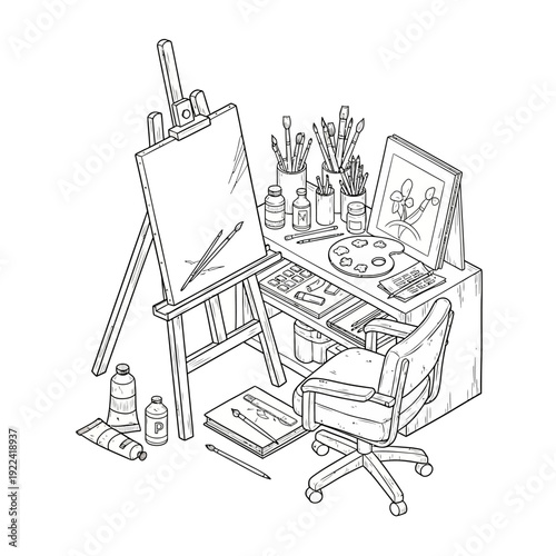 Artist's workspace with easel and desk full of painting supplies.