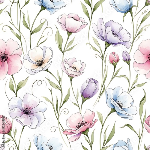 Watercolor floral seamless pattern with pink and blue anemones and petals on white background