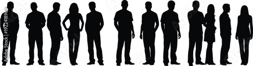 Diverse group of eleven human silhouettes in casual clothing standing together people