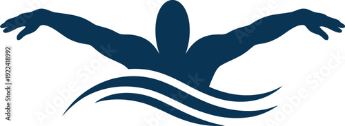 Swimming athlete vector logo design, minimalist blue swimmer silhouette in water waves for aquatic sports, fitness, and professional coaching, branding.