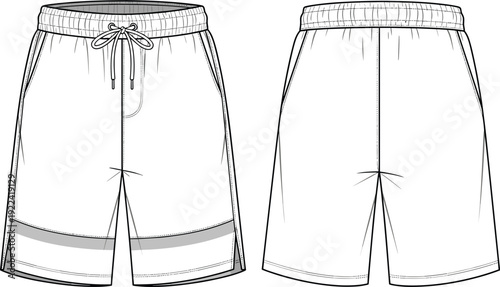Men's athletic shorts flat sketch, front and back view, elastic waistband, drawstring, stitching details, side pockets, modern sportswear design