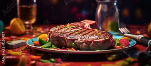 Indulge in the savory perfection of a masterfully grilled steak, ready to tantalize your taste buds.