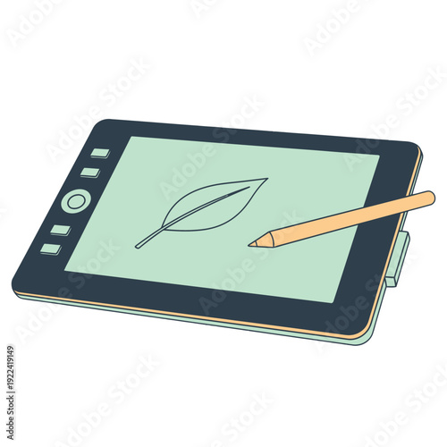 Tablet with stylus and leaf on screen digital leaf digital computer creative