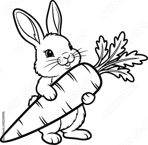 Cartoon rabbit happily holding a large fresh carrot in its hands