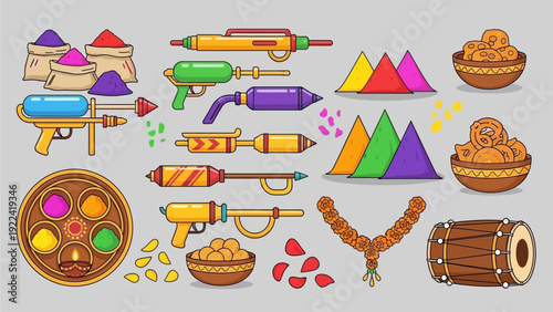 Celebration elements including drums, sweets, and colorful powders arranged artistically on a neutral background