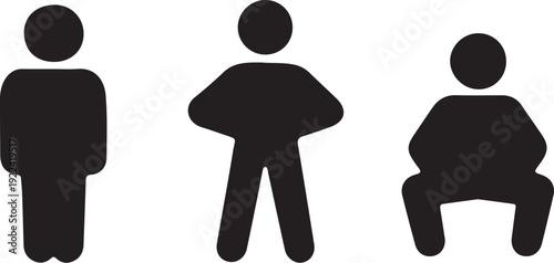 Three simple stick figure icons: standing, arms akimbo, and squatting