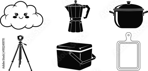 Kawaii cloud, moka pot, cooking pot, tripod with camera, cooler, and cutting board Keywords: cloud, kawaii, cute, face, moka pot