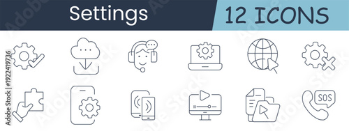 Settings set icon. Collection with gear check, cloud download, support headset, laptop gear, globe cursor, gear cross, puzzle piece, smartphone sync, video player, document media, phone sos