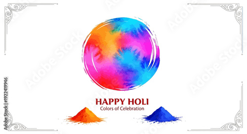 Vibrant Holi Celebration with Colorful Powders and Ball from a Top View