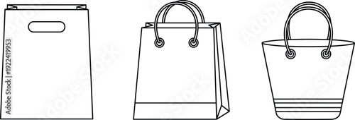 Outline illustrations of three different types of shopping bags Keywords: shopping bag, paper bag, tote bag, handbag, handle