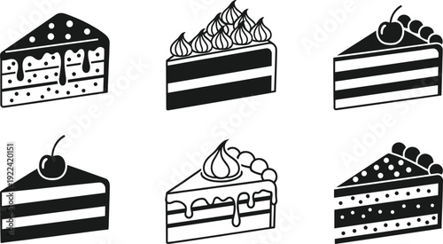 Set of six black and white cake slice icons with frosting and toppings dessert sweet