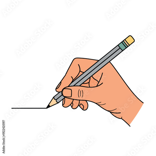 Hand holding gray pencil with yellow eraser line writing