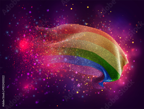 Rainbow,vector 3d flag with a splash of paint dots, explosion of colored dots