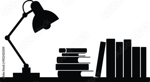 Silhouette of a desk lamp illuminating a stack of books and a row of books Keywords: desk lamp, books, stack, row, shelf