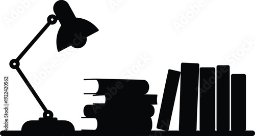 Silhouette of a desk lamp illuminating a stack of books and a row of books Keywords: desk lamp, books, stack, row, shelf