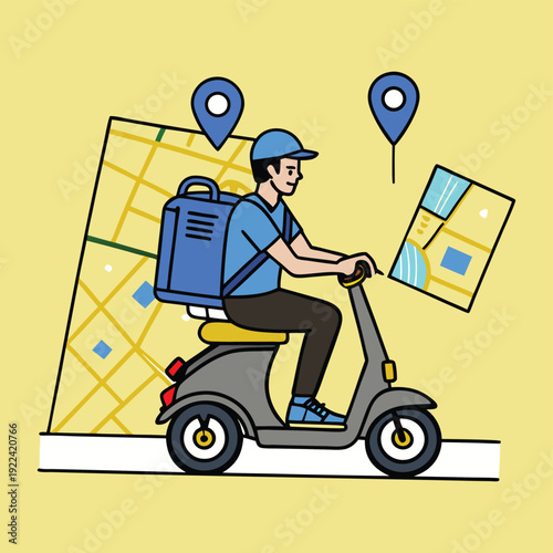 Last Mile Delivery Rider on Electric Scooter with GPS Navigation Map Vector Illustration