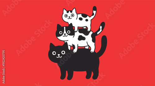 Three Cartoon Cats Stacked Together Playfully.