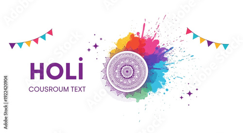 Vibrant Holi festival banner with colorful paint splatters, a central mandala design, festive bunting, and 'Holi' text on a clean white background.