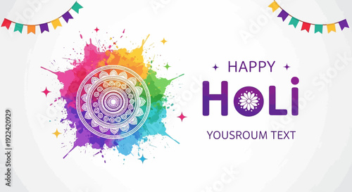 Vibrant Happy Holi festival greeting card design with colorful paint splashes, a decorative mandala, and festive bunting on a light background.