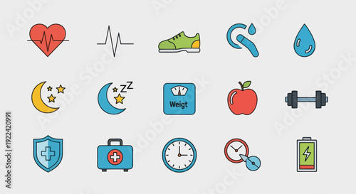 A colorful collection of flat vector icons representing health fitness and a healthy lifestyle.