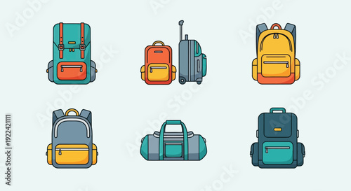A colorful illustrated collection of various travel bags backpacks a suitcase and a duffel bag.